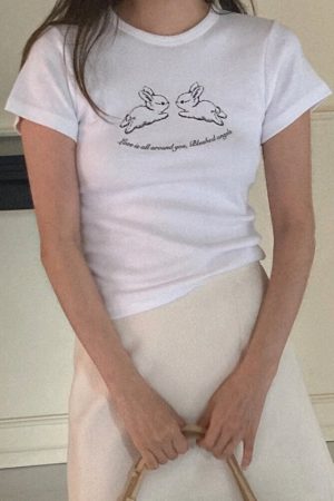 Cute Rabbit Print Slim Fit Short Sleeve Cotton T-Shirt for Women - Korean Niche Design, Heavyweight Fabric, Trendy Style