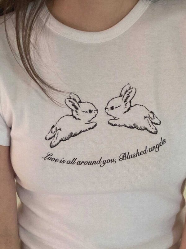 Cute Rabbit Print Slim Fit Short Sleeve Cotton T-Shirt for Women - Korean Niche Design, Heavyweight Fabric, Trendy Style