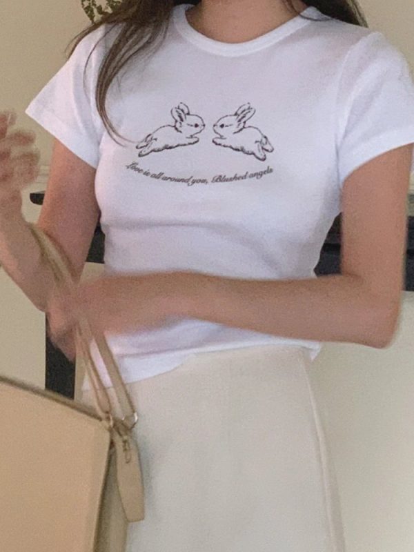 Cute Rabbit Print Slim Fit Short Sleeve Cotton T-Shirt for Women - Korean Niche Design, Heavyweight Fabric, Trendy Style