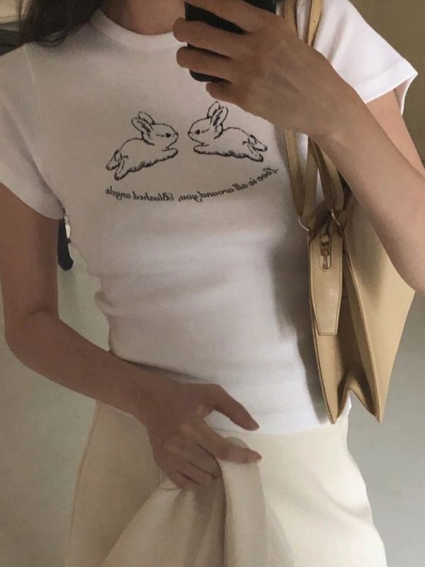 Cute Rabbit Print Slim Fit Short Sleeve Cotton T-Shirt for Women - Korean Niche Design, Heavyweight Fabric, Trendy Style