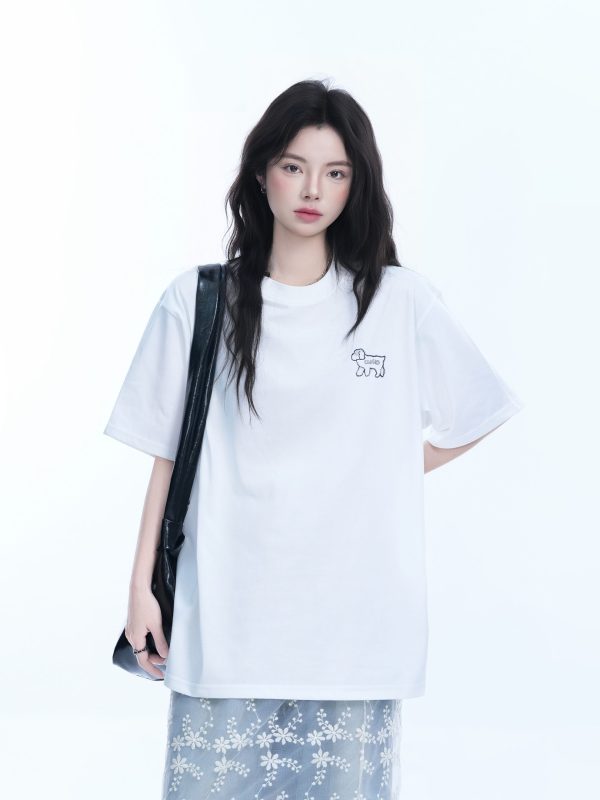 Cute White Oversized Short Sleeve T-Shirt for Women with Sheep Graphic - Summer Y2K Style, Casual Loose Fit