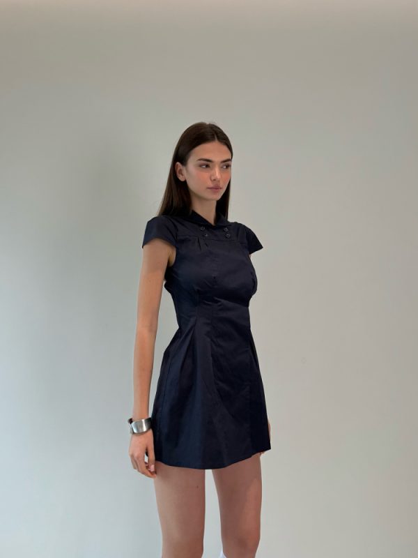 Dark Blue Waist-Cinching Dress with Small Lapel - High-Level Girlish Charm, Mystical Fashion Inspired, Y2K Style