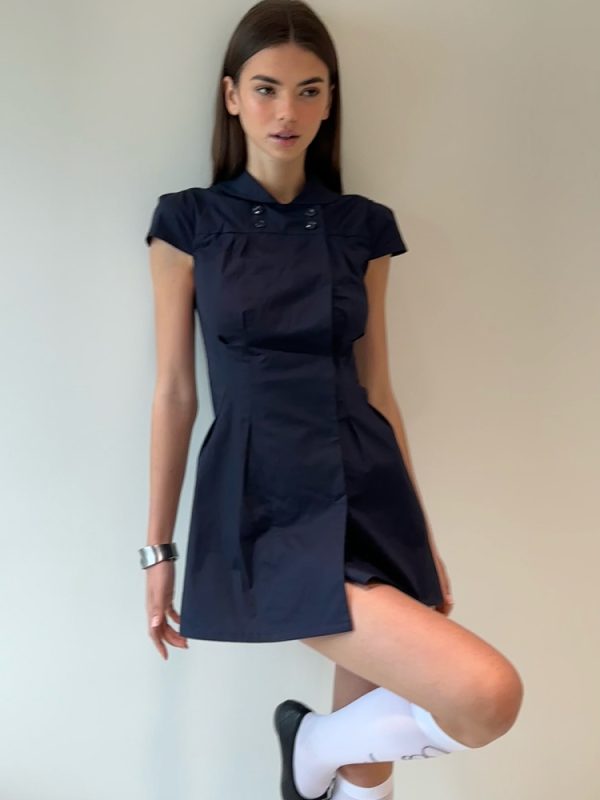 Dark Blue Waist-Cinching Dress with Small Lapel - High-Level Girlish Charm, Mystical Fashion Inspired, Y2K Style