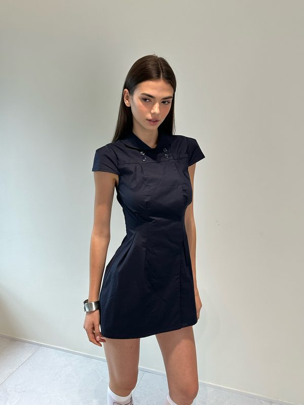 Dark Blue Waist-Cinching Dress with Small Lapel - High-Level Girlish Charm, Mystical Fashion Inspired, Y2K Style