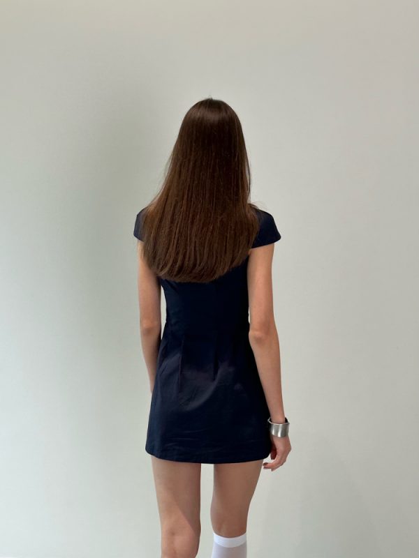 Dark Blue Waist-Cinching Dress with Small Lapel - High-Level Girlish Charm, Mystical Fashion Inspired, Y2K Style