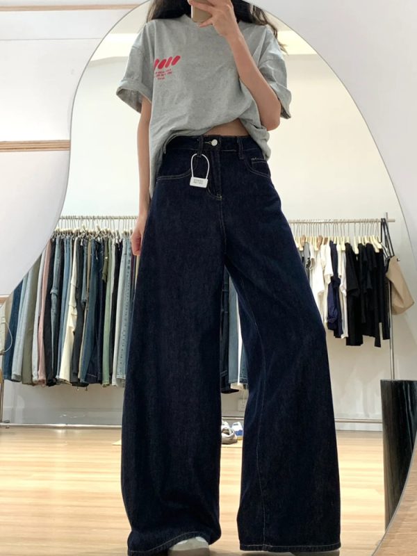 Dark Blue Wide-Leg Jeans for Plus-Size Women - 2025 Loose Fit, Flattering Casual Pants, Relaxed Style