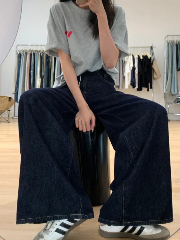 Dark Blue Wide-Leg Jeans for Plus-Size Women - 2025 Loose Fit, Flattering Casual Pants, Relaxed Style