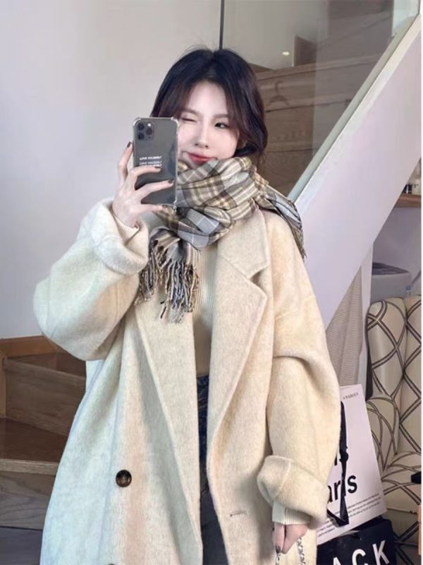 Dark Gray Reversible Cashmere Coat for Women - 2024 Autumn Winter Loose Fit Petite High-End Casual Wool Outerwear