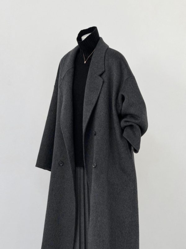Dark Gray Reversible Cashmere Coat for Women - 2024 Autumn Winter Loose Fit Petite High-End Casual Wool Outerwear