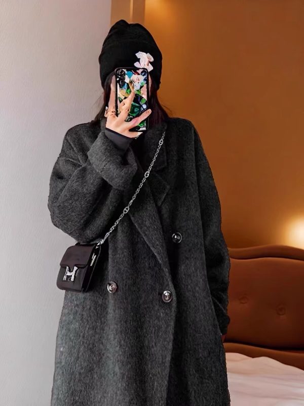 Dark Gray Reversible Cashmere Coat for Women - 2024 Autumn Winter Loose Fit Petite High-End Casual Wool Outerwear