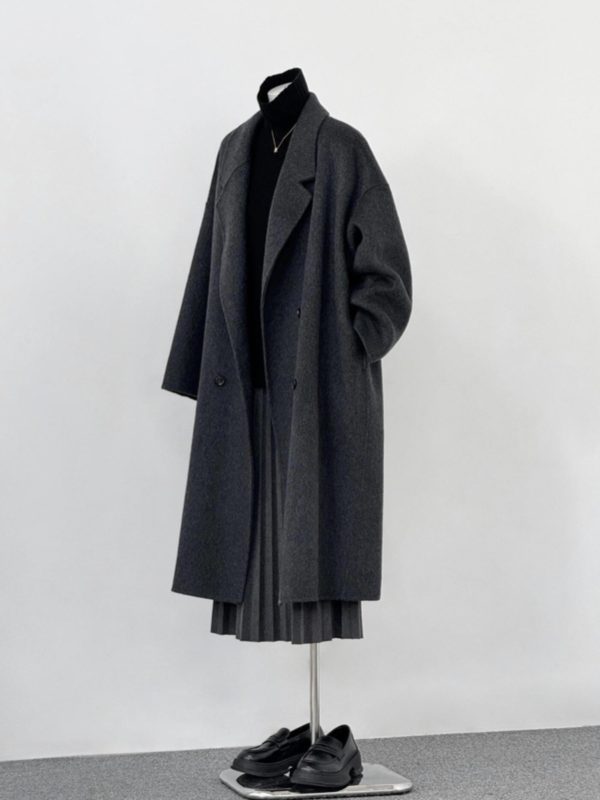 Dark Gray Reversible Cashmere Coat for Women - 2024 Autumn Winter Loose Fit Petite High-End Casual Wool Outerwear