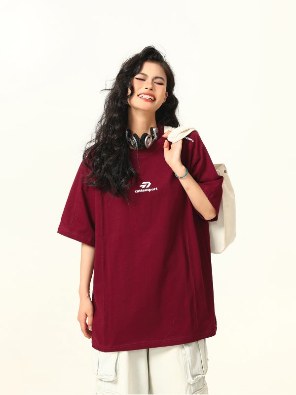 Dark Red Heavyweight Cotton Short-Sleeve T-Shirt for Women with Retro Letter Print â€“ Stylish American 90s Vintage Look