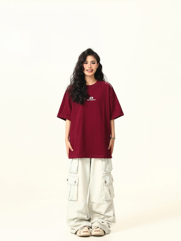 Dark Red Heavyweight Cotton Short-Sleeve T-Shirt for Women with Retro Letter Print â€“ Stylish American 90s Vintage Look