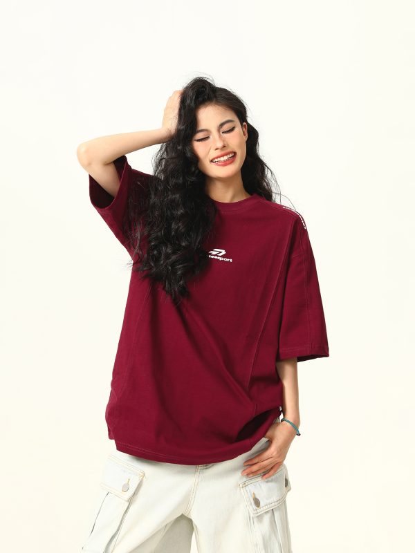 Dark Red Heavyweight Cotton Short-Sleeve T-Shirt for Women with Retro Letter Print â€“ Stylish American 90s Vintage Look