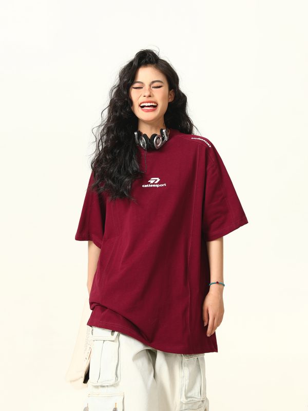 Dark Red Heavyweight Cotton Short-Sleeve T-Shirt for Women with Retro Letter Print â€“ Stylish American 90s Vintage Look