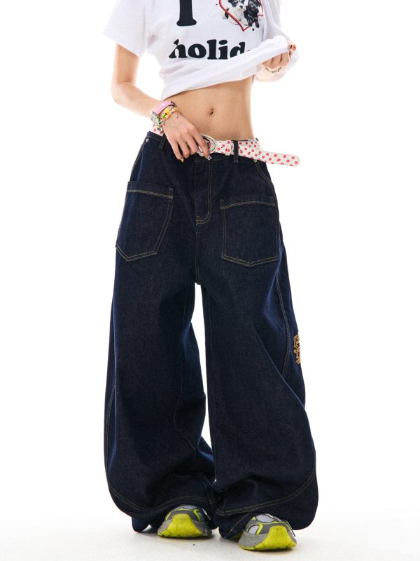 Deconstructed Gothic Embroidered Wide-Leg Jeans for Women - Loose Fit, Floor-Length American Style, Slimming Curved Blade Design