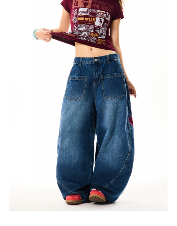 Deconstructed Gothic Embroidered Wide-Leg Jeans for Women - Loose Fit, Floor-Length American Style, Slimming Curved Blade Design