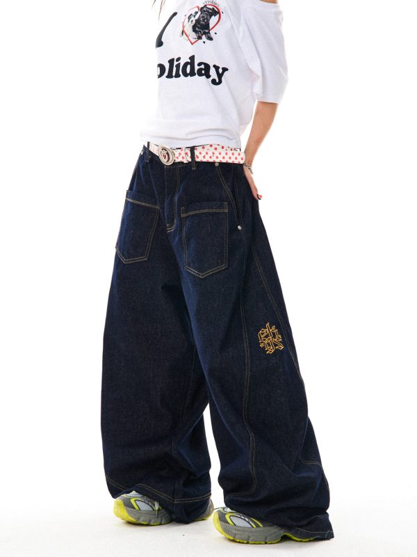 Deconstructed Gothic Embroidered Wide-Leg Jeans for Women - Loose Fit, Floor-Length American Style, Slimming Curved Blade Design