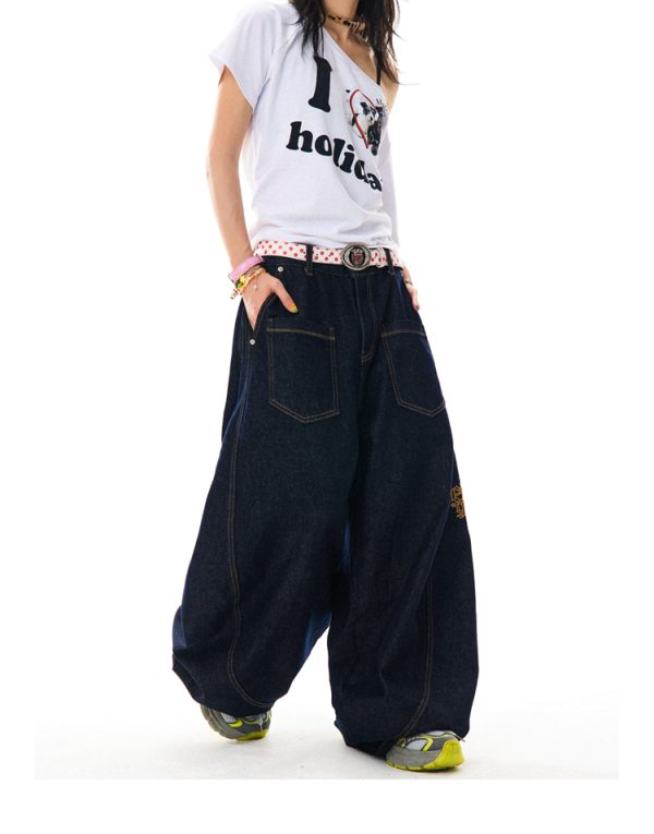 Deconstructed Gothic Embroidered Wide-Leg Jeans for Women - Loose Fit, Floor-Length American Style, Slimming Curved Blade Design