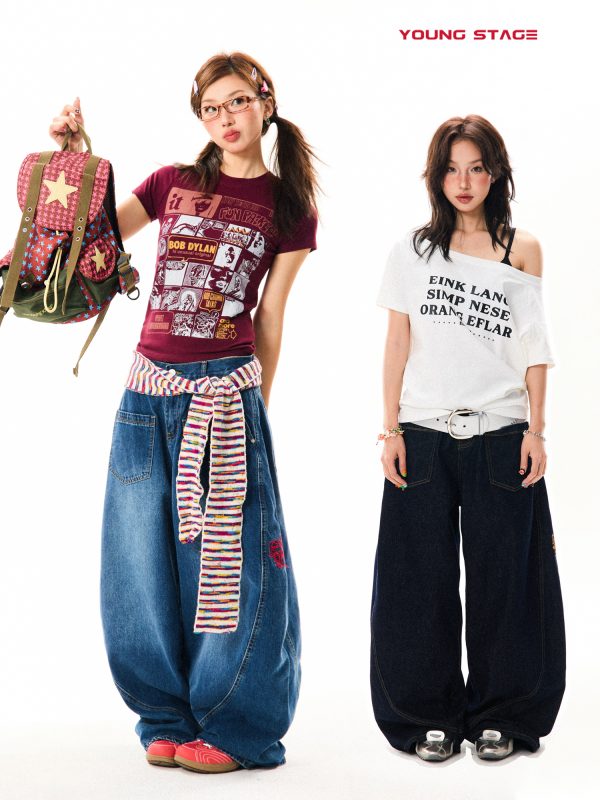 Deconstructed Gothic Embroidered Wide-Leg Jeans for Women - Loose Fit, Floor-Length American Style, Slimming Curved Blade Design