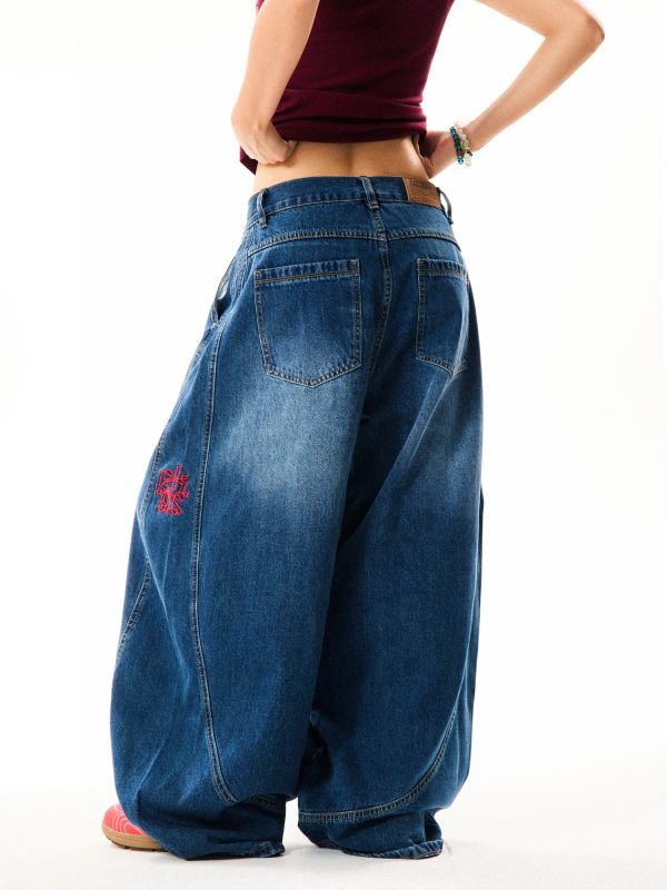 Deconstructed Gothic Embroidered Wide-Leg Jeans for Women - Loose Fit, Floor-Length American Style, Slimming Curved Blade Design