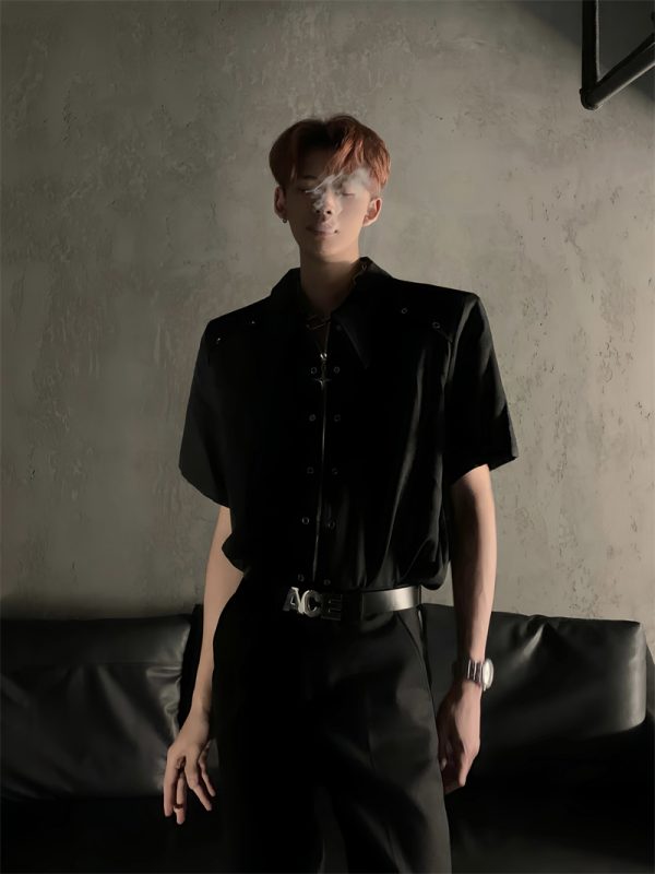 Deconstructed Metal Design Shoulder Pad Shirt for Men and Women - High-End Stylish Loose Zip Short Sleeve for Summer Fashion