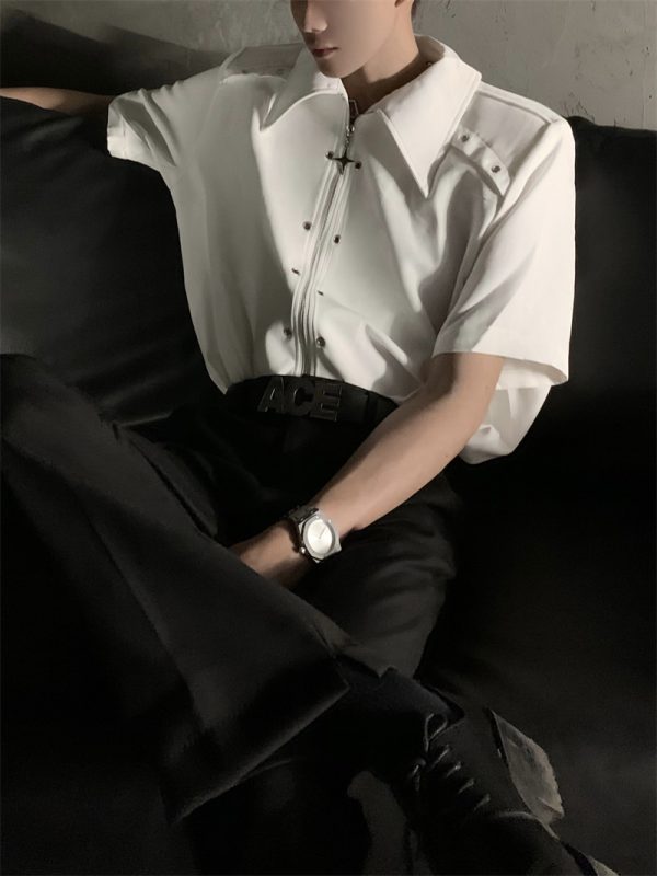 Deconstructed Metal Design Shoulder Pad Shirt for Men and Women - High-End Stylish Loose Zip Short Sleeve for Summer Fashion