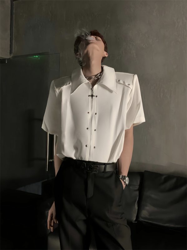 Deconstructed Metal Design Shoulder Pad Shirt for Men and Women - High-End Stylish Loose Zip Short Sleeve for Summer Fashion