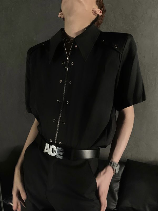 Deconstructed Metal Design Shoulder Pad Shirt for Men and Women - High-End Stylish Loose Zip Short Sleeve for Summer Fashion
