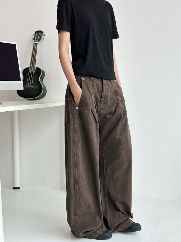 Deconstructed Tailored Casual Pants for Men and Women - Brown Rivet Design, Straight Loose Fit, Long Style, 90s Y2K Inspired