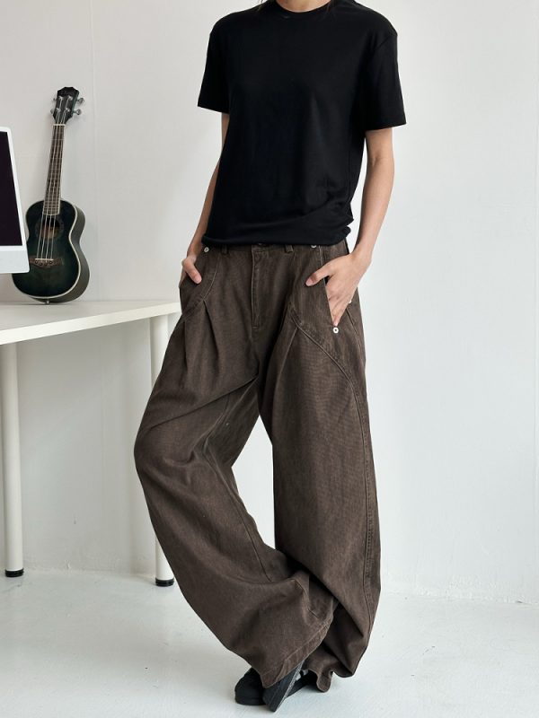 Deconstructed Tailored Casual Pants for Men and Women - Brown Rivet Design, Straight Loose Fit, Long Style, 90s Y2K Inspired