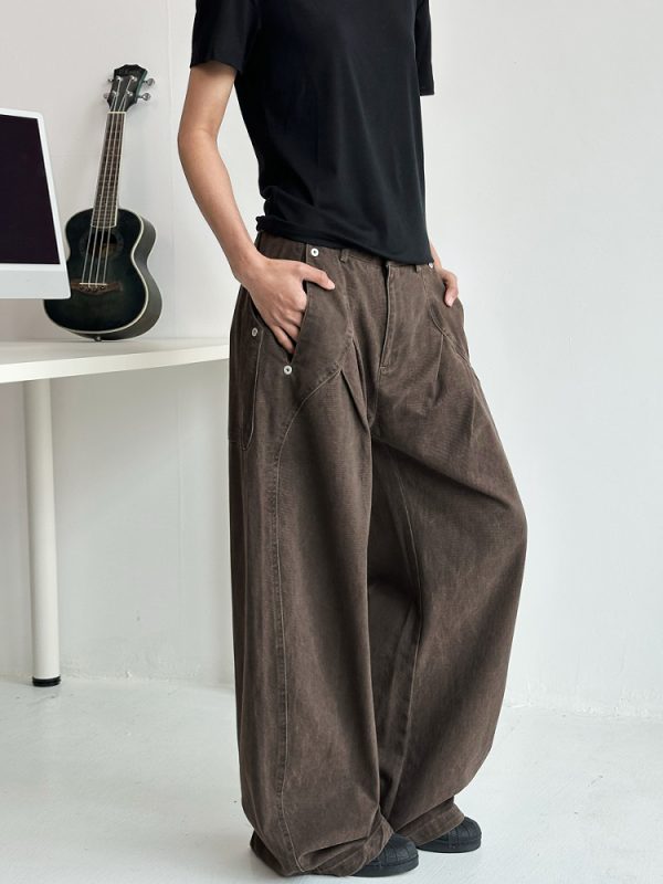 Deconstructed Tailored Casual Pants for Men and Women - Brown Rivet Design, Straight Loose Fit, Long Style, 90s Y2K Inspired