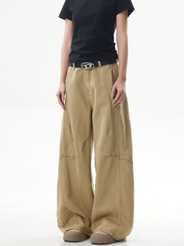 Deconstructed Vintage Work Pants for Men and Women - Retro Patchwork Khaki Curved Knife Design, American Style Fashion