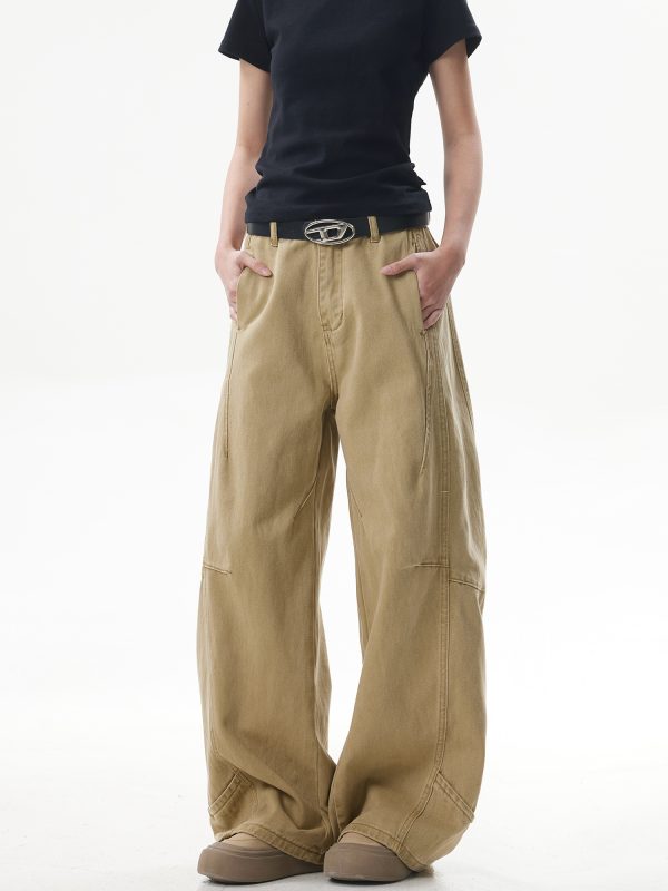 Deconstructed Vintage Work Pants for Men and Women - Retro Patchwork Khaki Curved Knife Design, American Style Fashion