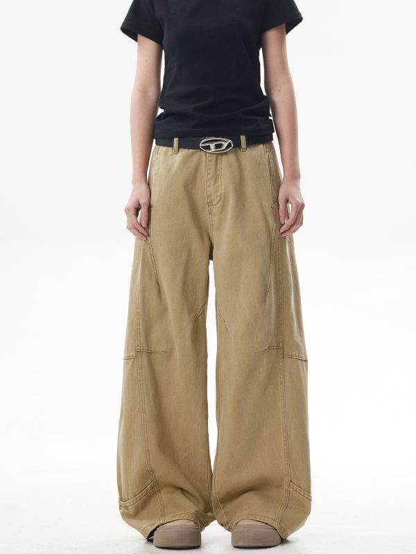 Deconstructed Vintage Work Pants for Men and Women - Retro Patchwork Khaki Curved Knife Design, American Style Fashion