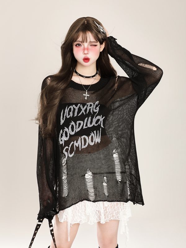 Distressed Hollow-Out Knitted Shirt for Women - American Style Loose Long Sleeve Sun Protection Cover-Up, Summer Lazy Trend