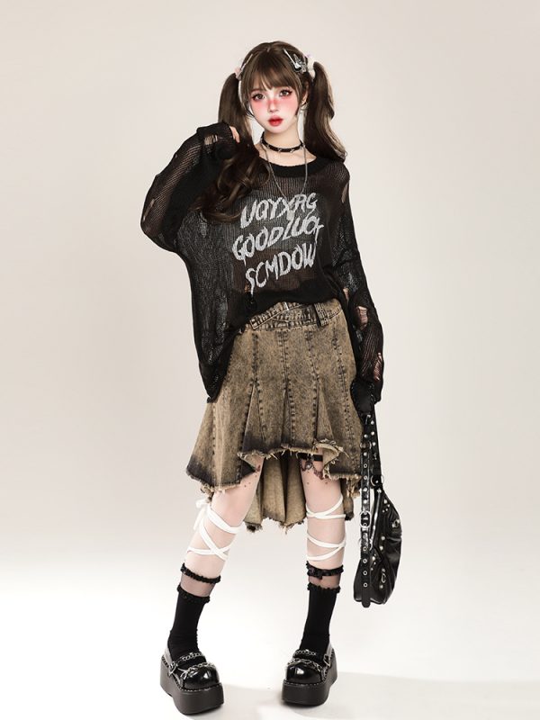 Distressed Hollow-Out Knitted Shirt for Women - American Style Loose Long Sleeve Sun Protection Cover-Up, Summer Lazy Trend