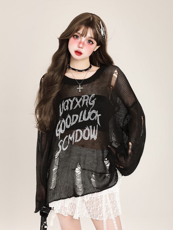 Distressed Hollow-Out Knitted Shirt for Women - American Style Loose Long Sleeve Sun Protection Cover-Up, Summer Lazy Trend