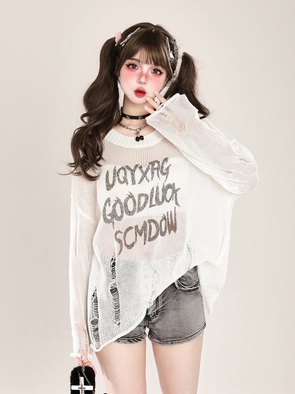 Distressed Hollow-Out Knitted Shirt for Women - American Style Loose Long Sleeve Sun Protection Cover-Up, Summer Lazy Trend
