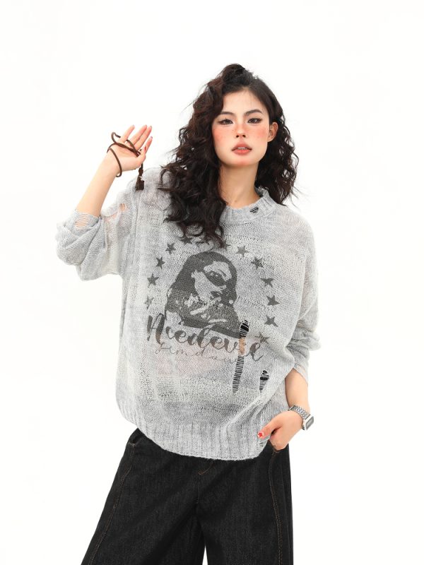 Distressed Hollowed-Out Long Sleeve Cover-Up Top for Women - Retro American Style Sun Protection Knitted Summer Fashion