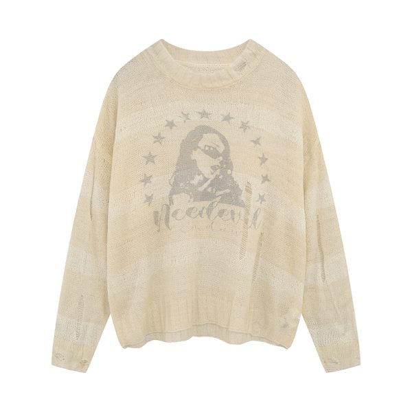 Distressed Hollowed-Out Long Sleeve Cover-Up Top for Women - Retro American Style Sun Protection Knitted Summer Fashion