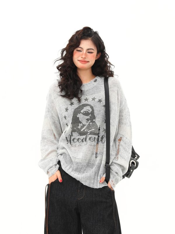 Distressed Hollowed-Out Long Sleeve Cover-Up Top for Women - Retro American Style Sun Protection Knitted Summer Fashion