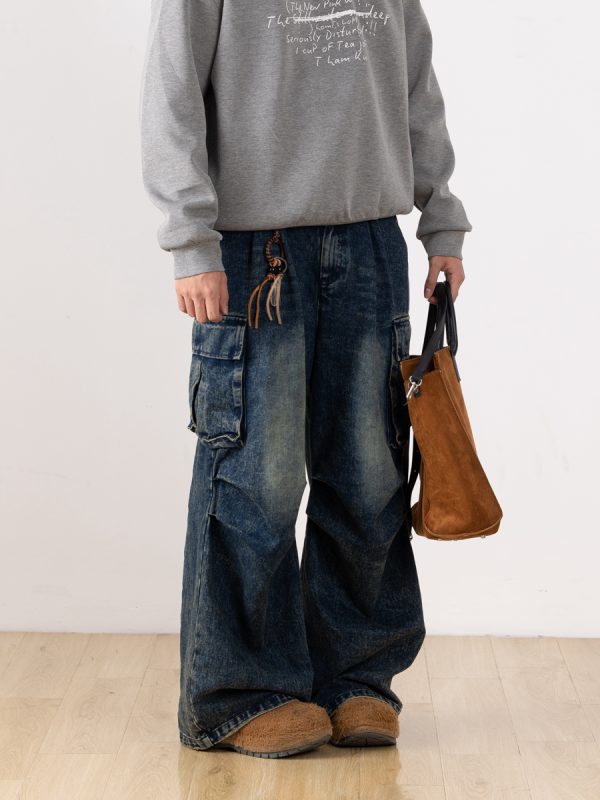 Distressed Straight Leg Retro Workwear Jeans for Men - Versatile Loose Fit Long Pants for Casual 90s Style