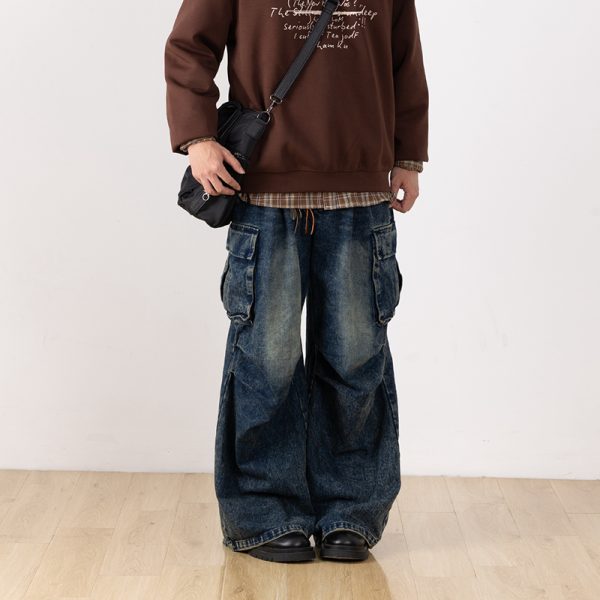 Distressed Straight Leg Retro Workwear Jeans for Men - Versatile Loose Fit Long Pants for Casual 90s Style