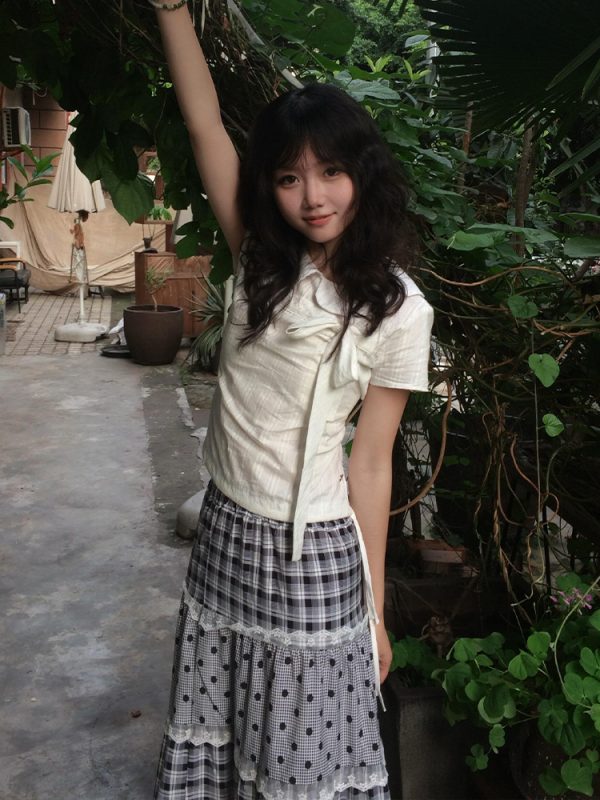 Doll Collar Short-Sleeve Shirt for Women, Miu-Style Bow Tie Waist-Cinching Slim-Fit Top, Summer Fashion Essential