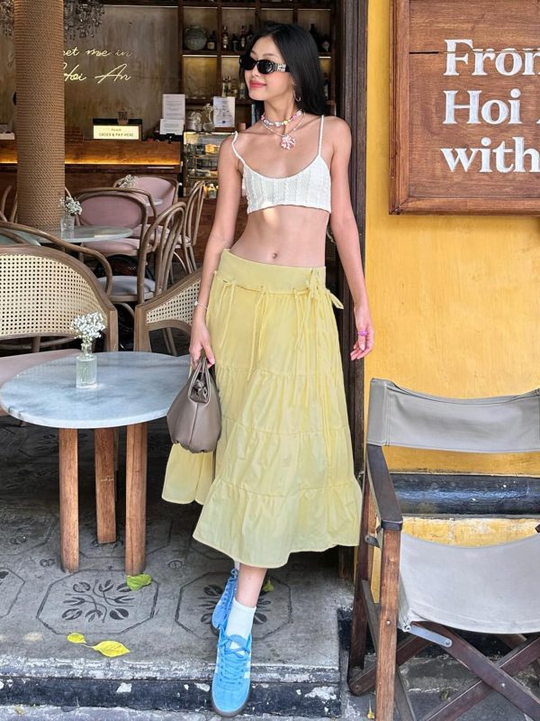 Dopamine Color Fresh Yellow A-Line Long Skirt for Girls with Butterfly Tie and Spliced Design - Y2K Inspired Fashion