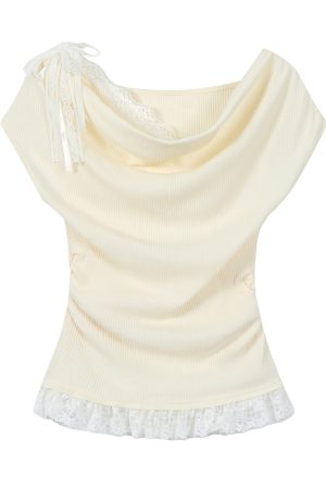 Dopamine Yellow Ruffled Short Sleeve T-Shirt for Women, Lace Trim Fake Two-Piece Top, Summer 90s Y2K Style