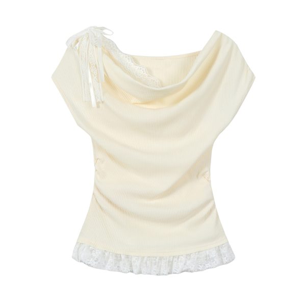 Dopamine Yellow Ruffled Short Sleeve T-Shirt for Women, Lace Trim Fake Two-Piece Top, Summer 90s Y2K Style