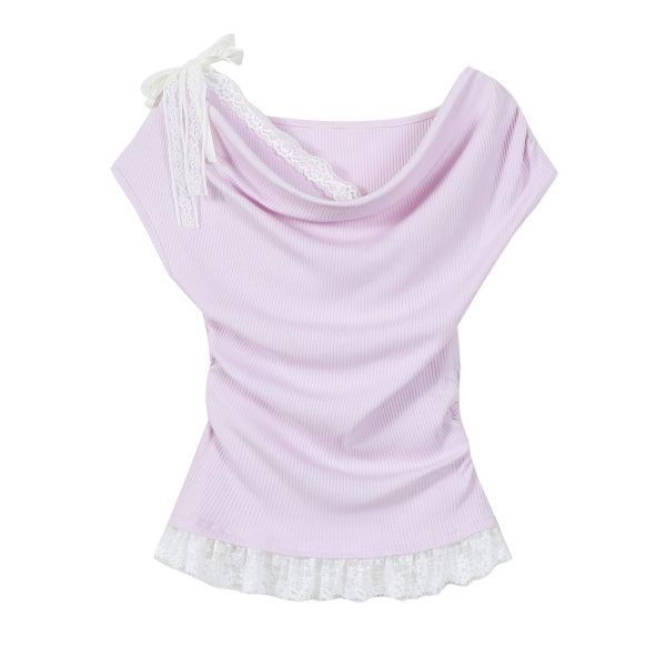 Dopamine Yellow Ruffled Short Sleeve T-Shirt for Women, Lace Trim Fake Two-Piece Top, Summer 90s Y2K Style