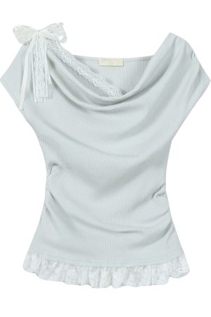 Dopamine Yellow Ruffled Short Sleeve T-Shirt for Women, Lace Trim Fake Two-Piece Top, Summer 90s Y2K Style